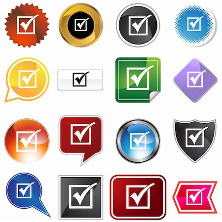 A set of 16 icon buttons in different shapes and colors - check mark. Stock Photo - Budget Royalty-Free & Subscription, Code: 400-04642522