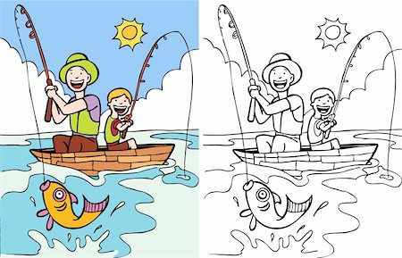 sun and clouds colouring - Cartoon image of father and son fishing together - color and black/white versions. Stock Photo - Budget Royalty-Free & Subscription, Code: 400-04642541