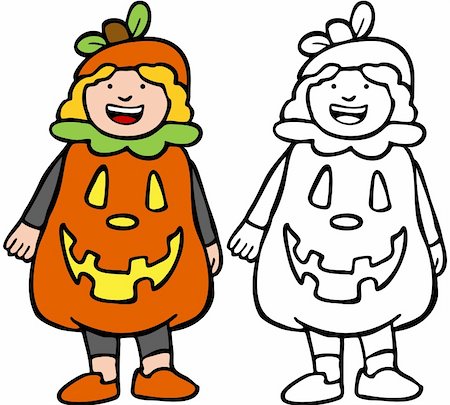 simsearch:400-04645724,k - Cartoon image of a person dressed in a pumpkin costume - color and black/white versions. Stock Photo - Budget Royalty-Free & Subscription, Code: 400-04642569