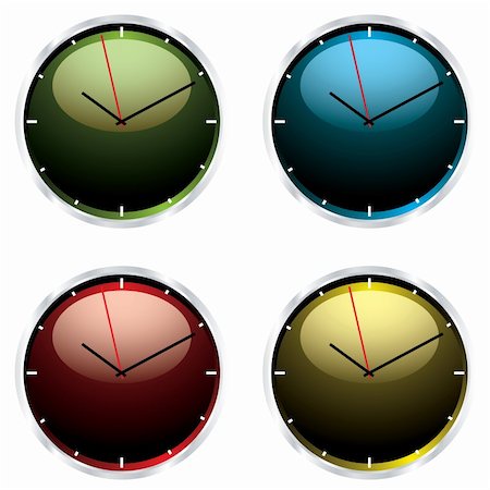 Four brightly coloured wall clocks with metal silver bevel Stock Photo - Budget Royalty-Free & Subscription, Code: 400-04642620