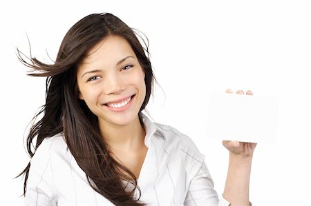 simsearch:400-04340435,k - White / empty sign woman.  Beautiful young mixed asian / caucasian woman holding a blank paper card with copy space. Isolated on white background. Stock Photo - Budget Royalty-Free & Subscription, Code: 400-04642730