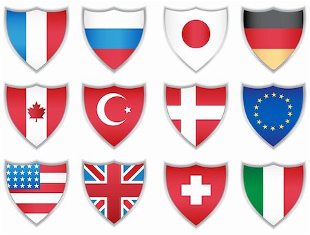 simsearch:400-04738956,k - Set of 12 shields representing flags of 12 different countries. Photographie de stock - Aubaine LD & Abonnement, Code: 400-04642771