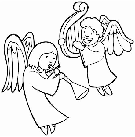 Set of 2 Angels playing horn and harp - black and white. Stock Photo - Budget Royalty-Free & Subscription, Code: 400-04642785