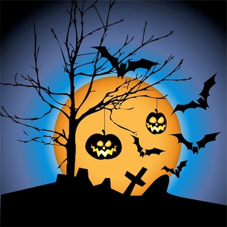 Halloween illustration with pumpkins, bats and big moon Stock Photo - Budget Royalty-Free & Subscription, Code: 400-04642986