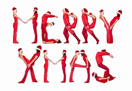 Group of red dressed people forming the phrase 'MERRY XMAS', isolated on white. Stock Photo - Budget Royalty-Free & Subscription, Code: 400-04643052