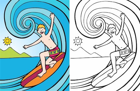 Cartoon image of guy surfing on a big wave - both color and black / white versions. Stock Photo - Budget Royalty-Free & Subscription, Code: 400-04643170