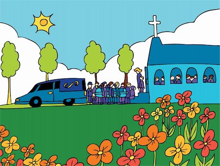 Cartoon of people carrying a casket out of a hearse and into a crowded church Fotografie stock - Microstock e Abbonamento, Codice: 400-04643258