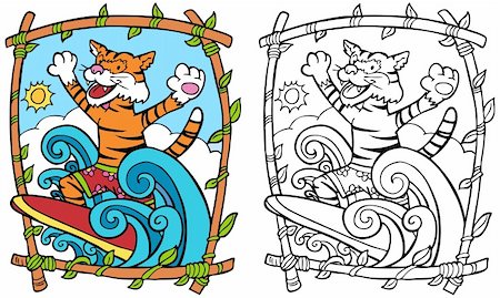 Cartoon image of a surfing tiger - color and black/white versions. Stock Photo - Budget Royalty-Free & Subscription, Code: 400-04643304