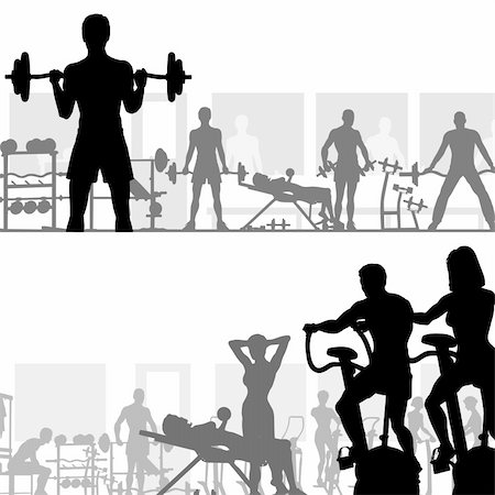 Two editable vector silhouettes of people exercising in the gym Stock Photo - Budget Royalty-Free & Subscription, Code: 400-04654002