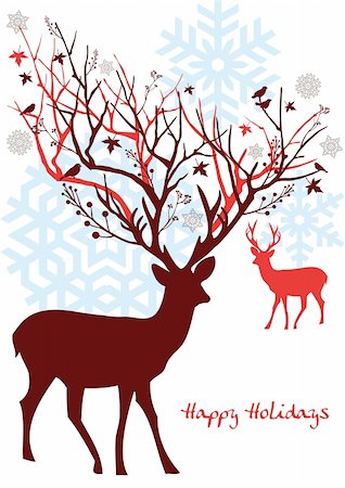 Christmas deer with ornaments and snowflakes, vector xmas card Stock Photo - Budget Royalty-Free & Subscription, Code: 400-04654192