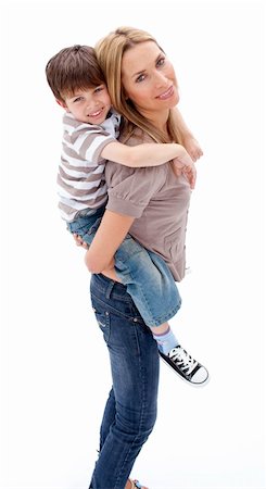 piggyback brothers - Woman giving son piggy back ride against white background Stock Photo - Budget Royalty-Free & Subscription, Code: 400-04654758