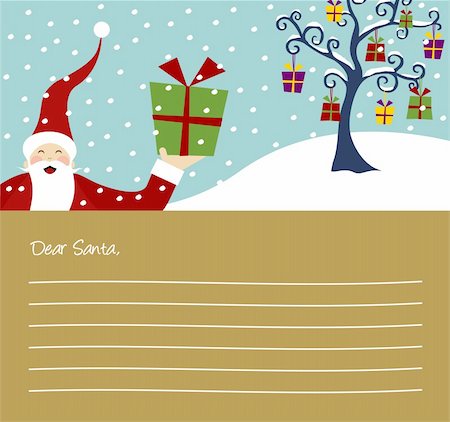 Happy Santa Claus and Christmas tree with lots of gifts letter background Stock Photo - Budget Royalty-Free & Subscription, Code: 400-04655005