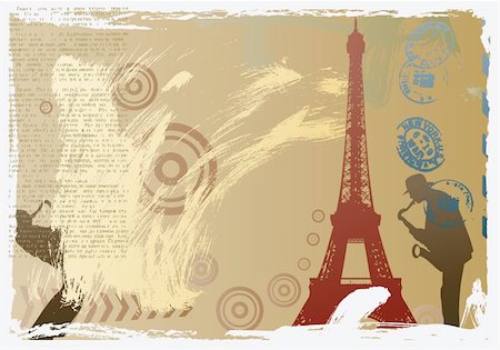 stylized paris - vector post card design with eiffel tower and saxophonist Stock Photo - Budget Royalty-Free & Subscription, Code: 400-04655078