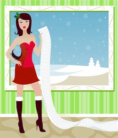 Santa's sexy helper holds a long list of those who have been naughty and nice, or maybe it's a shopping list Stock Photo - Budget Royalty-Free & Subscription, Code: 400-04655855