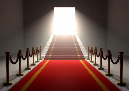 3D entrance with a red carpet and gold poles with stairs and a shining exit door Stock Photo - Budget Royalty-Free & Subscription, Code: 400-04657588