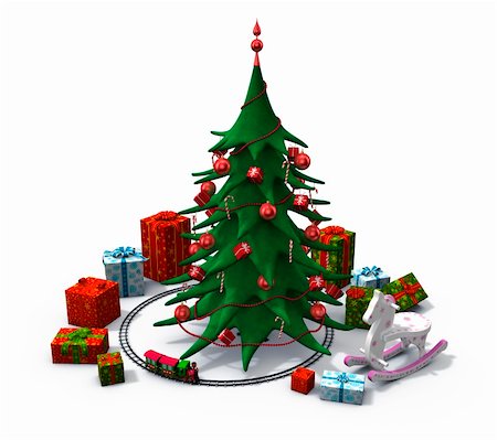 3d rendering/illustration of a stylized christmas tree with toy train, rocking horse and presents around it Stock Photo - Budget Royalty-Free & Subscription, Code: 400-04658136