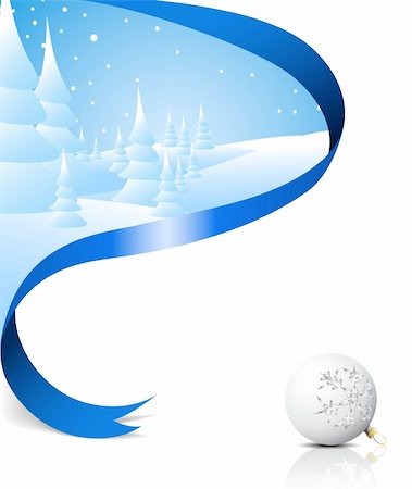 simsearch:400-05878510,k - Christmas card with snowy landscape, blue ribbon and white bulb Stock Photo - Budget Royalty-Free & Subscription, Code: 400-04658253