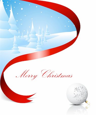 simsearch:400-07245111,k - Christmas card with snowy landscape, red ribbon and white bulb Photographie de stock - Aubaine LD & Abonnement, Code: 400-04658465