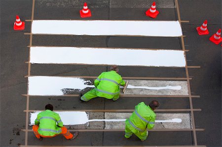 workers painting crosswalk with white colour - view from above Stock Photo - Budget Royalty-Free & Subscription, Code: 400-04658750