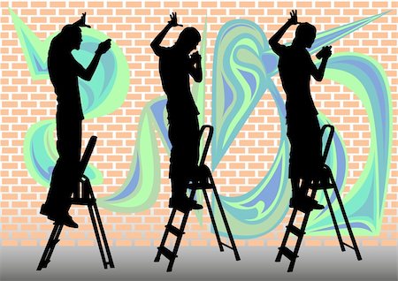 people spraying graffiti - Vector drawing graffiti artist. Silhouette against the wall Stock Photo - Budget Royalty-Free & Subscription, Code: 400-04658782