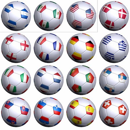 simsearch:400-07338591,k - Sixteen soccer balls of Nations competing in the Soccer World cup in South Africa 2010. North America, Central America with three teams and Europe with thirteen teams in alphabetical order. Fotografie stock - Microstock e Abbonamento, Codice: 400-04658863