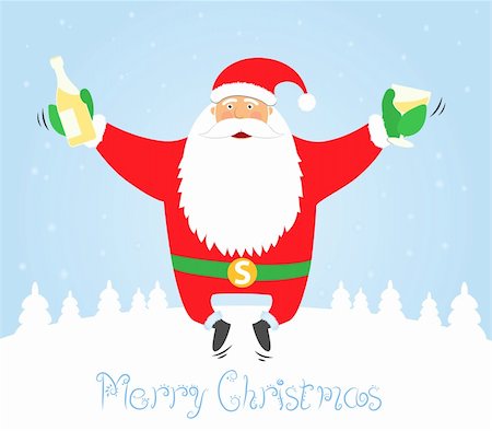 eicronie (artist) - Santa Claus jumping with glass and champagne. Merry Christmas card template. Blue snow background Foto de stock - Super Valor sin royalties y Suscripción, Código: 400-04650083