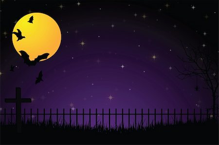 Scary graveyard with iron fence, cross, full yellow moon, flying bats and tall grass against a purple and black gradient background. Stock Photo - Budget Royalty-Free & Subscription, Code: 400-04650175