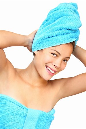 dry body towel - Shower woman. Smiling woman with towels just out of the shower. Beautiful mixed asian / caucasian young woman model. Isolated on white background. Stock Photo - Budget Royalty-Free & Subscription, Code: 400-04650852