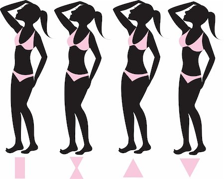 Vector Illustration of four basic female body types with pink bikini swimsuits illustrated on silhouettes with body shapes below. Stock Photo - Budget Royalty-Free & Subscription, Code: 400-04651027
