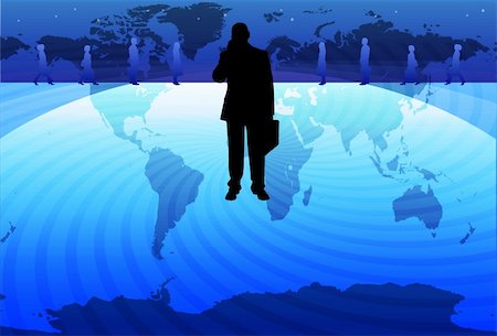 An image of a silhouetted businessman talking on a mobile phone holding a briefcase and standing on a globe Photographie de stock - Aubaine LD & Abonnement, Code: 400-04651593