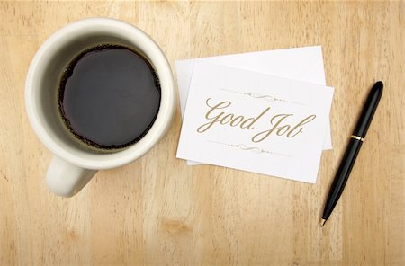 Good Job Note Card, Pen and Coffee Cup on Wood Background. Stock Photo - Budget Royalty-Free & Subscription, Code: 400-04651785