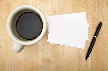 Blank Note Card, Pen and Coffee Cup on Wood Background. Stock Photo - Budget Royalty-Free & Subscription, Code: 400-04651781