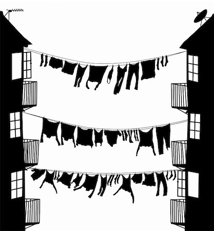 silhouettes apartment - Editable vector silhouette of washing hanging between houses in an alley Stock Photo - Budget Royalty-Free & Subscription, Code: 400-04651875