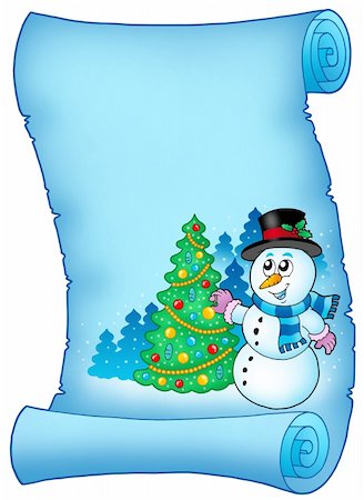 simsearch:400-07896754,k - Blue parchment with snowman and tree - color illustration. Photographie de stock - Aubaine LD & Abonnement, Code: 400-04652314