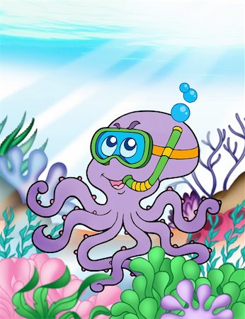 simsearch:400-04603382,k - Octopus diver underwater - color illustration. Foto de stock - Royalty-Free Super Valor e Assinatura, Número: 400-04652331