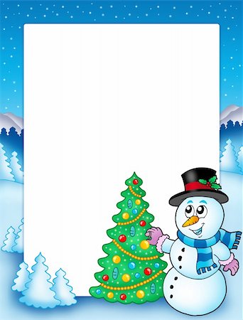 simsearch:400-04144529,k - Winter frame with snowman and tree - color illustration. Fotografie stock - Microstock e Abbonamento, Codice: 400-04652346