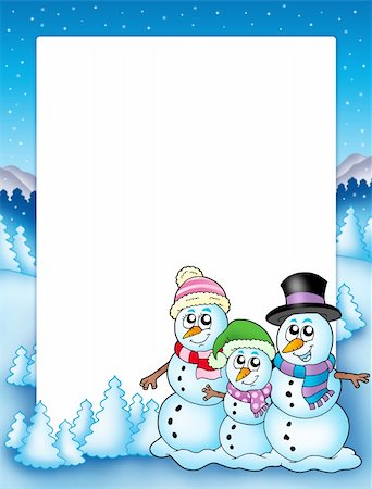 simsearch:400-07896754,k - Winter frame with snowman family - color illustration. Photographie de stock - Aubaine LD & Abonnement, Code: 400-04652347