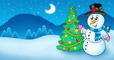 simsearch:400-07896754,k - Winter landscape with snowman and tree - color illustration. Photographie de stock - Aubaine LD & Abonnement, Code: 400-04652348