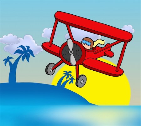 pilots with scarves - Sunset with biplane - color illustration. Stock Photo - Budget Royalty-Free & Subscription, Code: 400-04652343