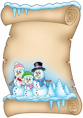 simsearch:400-07896754,k - Winter parchment with snowman family - color illustration. Photographie de stock - Aubaine LD & Abonnement, Code: 400-04652357