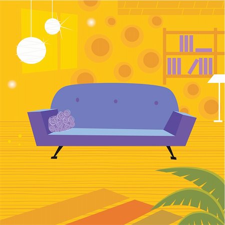 seating area - Old retro styled interior with sofa and bookcase. Vector Illustration Foto de stock - Super Valor sin royalties y Suscripción, Código: 400-04652797