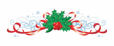 red ribbon and plant - Christmas decoration with holly and ribbons / vector Stock Photo - Budget Royalty-Free & Subscription, Code: 400-04653211