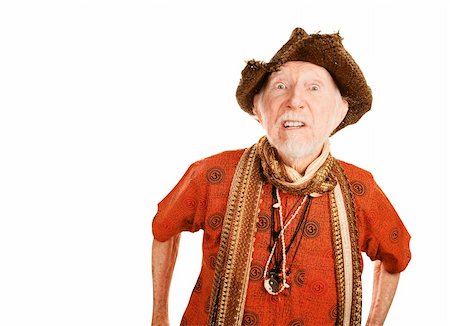 Eccentric senior man in orange shirt and straw hat Stock Photo - Budget Royalty-Free & Subscription, Code: 400-04664439