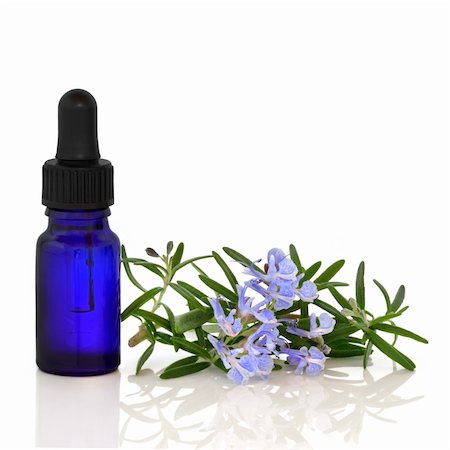 food pipette - Rosemary herb flowers with aromatherapy blue glass essential oil dropper bottle, over white background with reflection. Stock Photo - Budget Royalty-Free & Subscription, Code: 400-04664588