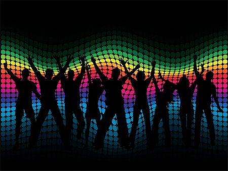 simsearch:400-04349797,k - Silhouettes of people dancing on a spectrum coloured background Stock Photo - Budget Royalty-Free & Subscription, Code: 400-04664839