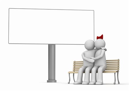 simsearch:400-04665936,k - Embracing man and woman on a bench with copyspace (love, valentine day series; 3d isolated characters) Stock Photo - Budget Royalty-Free & Subscription, Code: 400-04665948