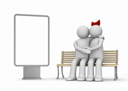 date pride - Embracing man and woman on a bench with copyspace (love, valentine day series; 3d isolated characters) Stock Photo - Budget Royalty-Free & Subscription, Code: 400-04665949