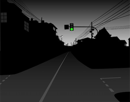 deserted street at night - Editable vector design of green traffic light over a dark and empty street Foto de stock - Super Valor sin royalties y Suscripción, Código: 400-04665977