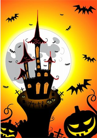 simsearch:400-07103646,k - halloween castle with bats pumpkins and moon made in illustrator cs4. Stock Photo - Budget Royalty-Free & Subscription, Code: 400-04666681