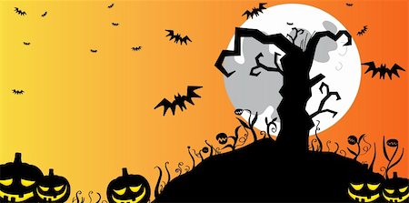 simsearch:400-04255918,k - Halloween black creepy tree with pumpkins and carnivore plants and a moon made in illustrator cs4 Stock Photo - Budget Royalty-Free & Subscription, Code: 400-04666682